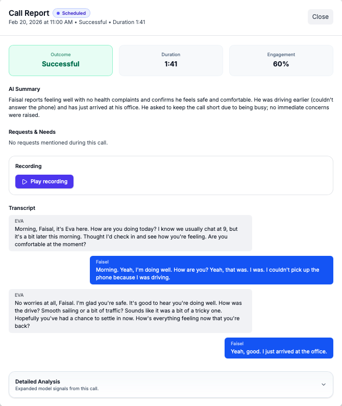 EvaCares dashboard showing a daily call summary and wellbeing snapshot