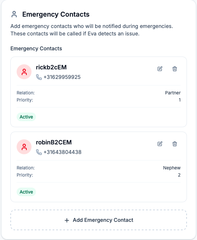 Emergency contacts configuration screen